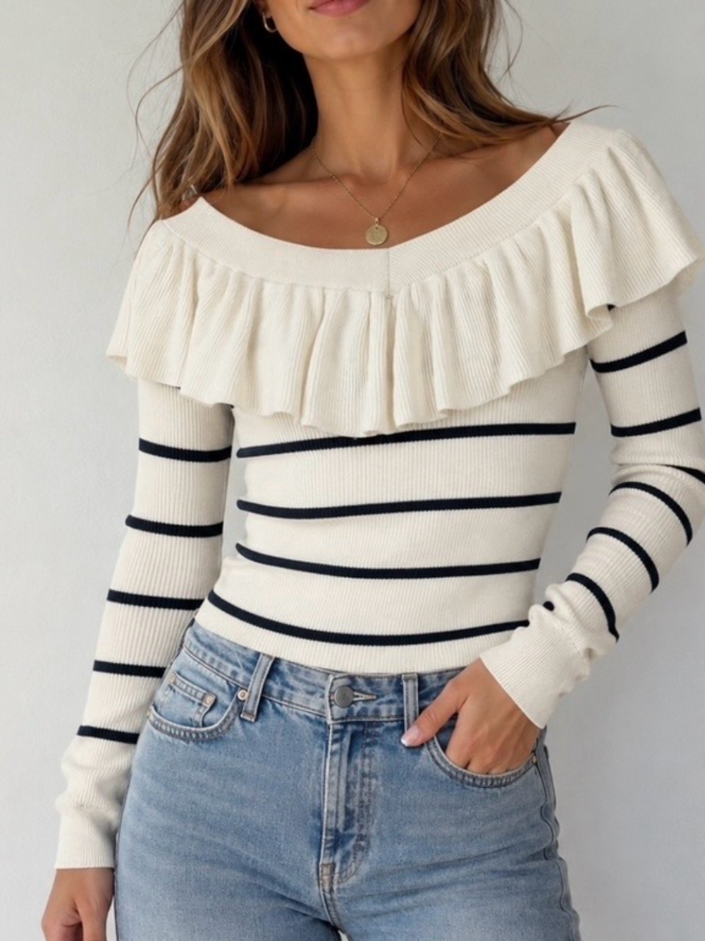 Chaser Ruffle Striped Ribbed Off the Shoulder Cotton Sweater Women’s Size XS NWT
